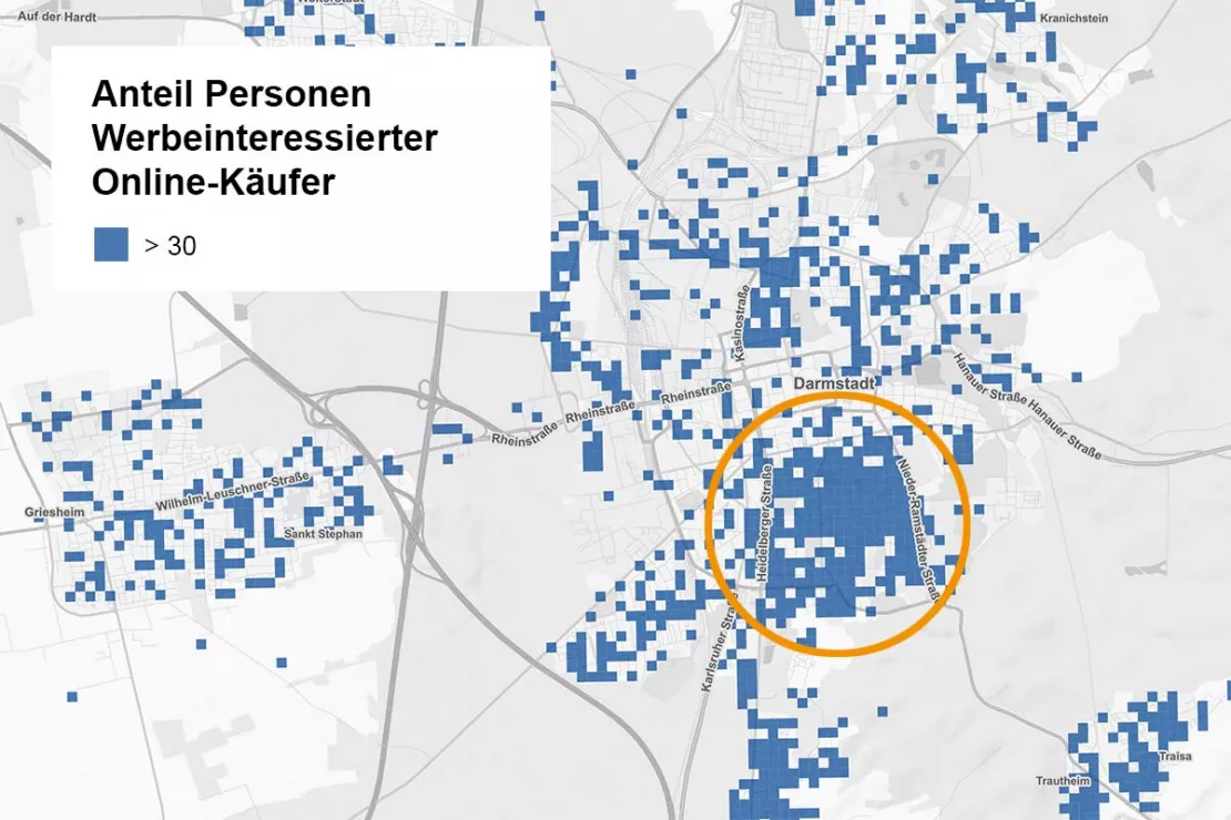 Werbeinteressierte Online-Käufer finden Sie vor allem im Süden von Darmstadt