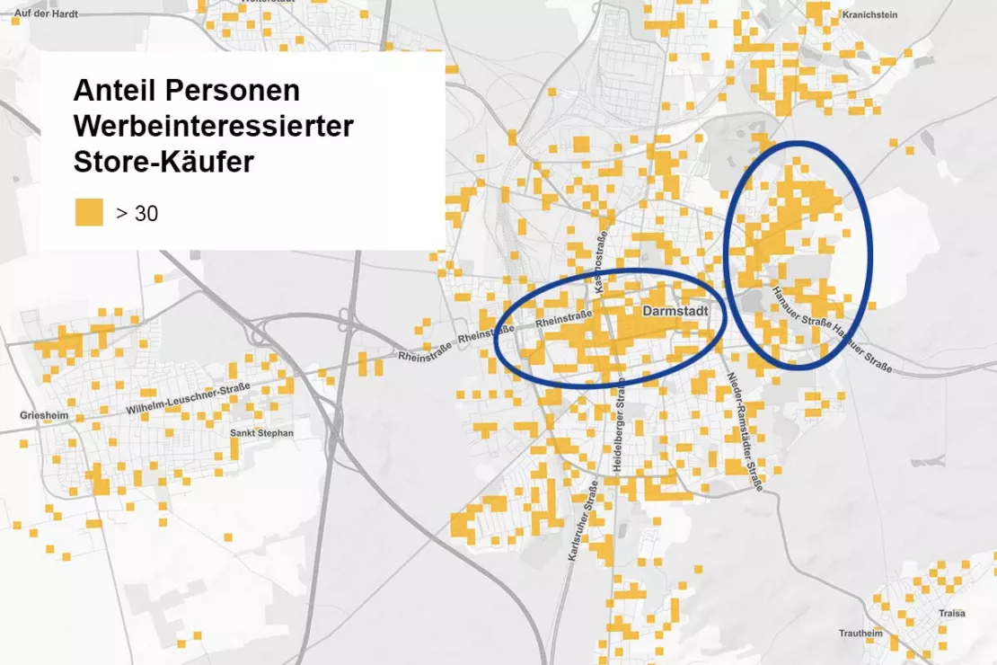 Werbeinteressierte Store-Käufer finden Sie vor allem im Osten und in der Stadtmitte von Darmstadt