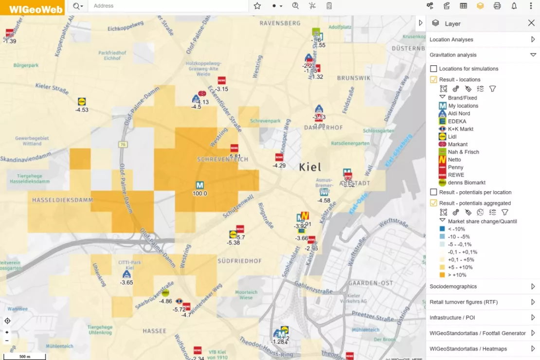 Simulation of the market share change - in this case a new location is opened