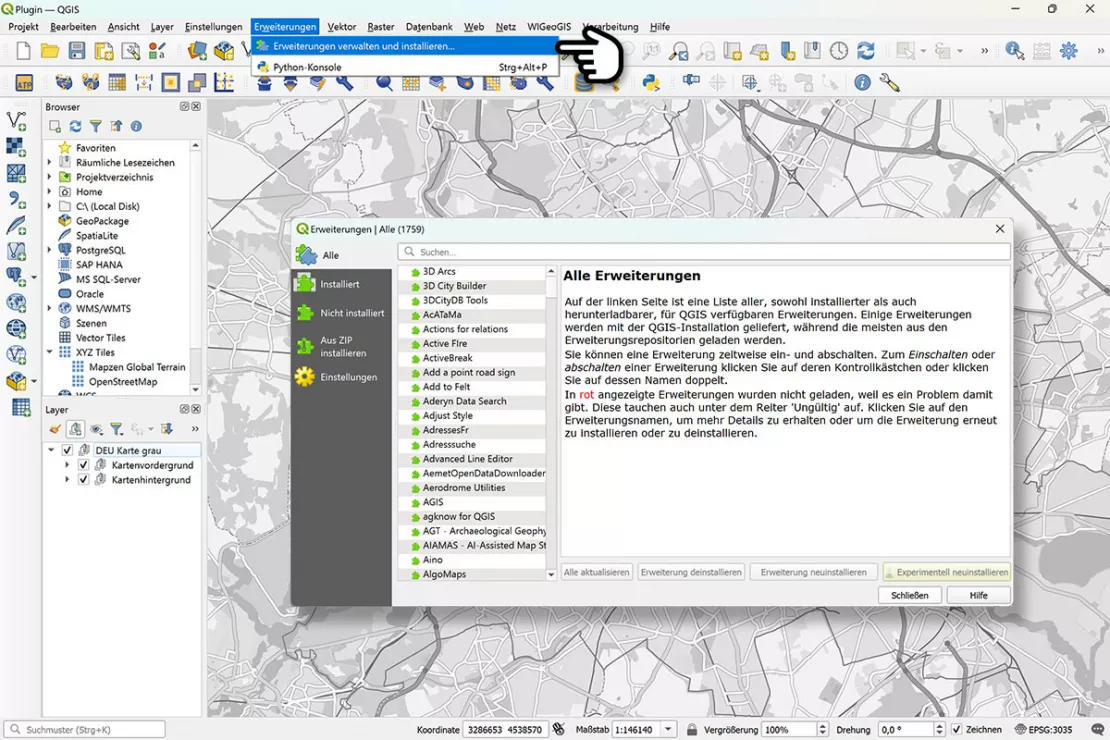 Die Funktionen von QGIS können durch diverse Plugins erweitert werden